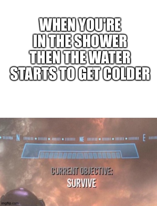 WHEN YOU'RE IN THE SHOWER THEN THE WATER STARTS TO GET COLDER | image tagged in blank white template,current objective survive,shower,cold water,hot water | made w/ Imgflip meme maker