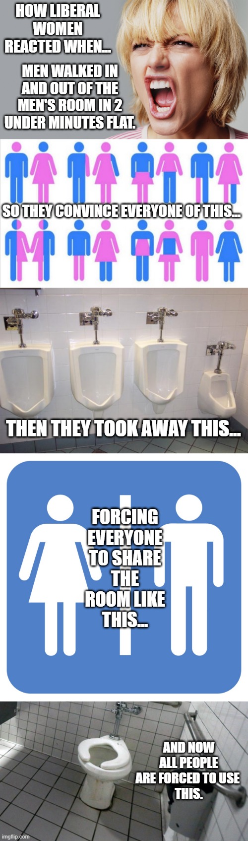 Urinals equal clean toilets | HOW LIBERAL WOMEN REACTED WHEN... MEN WALKED IN AND OUT OF THE MEN'S ROOM IN 2 UNDER MINUTES FLAT. SO THEY CONVINCE EVERYONE OF THIS... THEN THEY TOOK AWAY THIS... FORCING EVERYONE TO SHARE THE ROOM LIKE THIS... AND NOW ALL PEOPLE ARE FORCED TO USE 
THIS. | image tagged in angry woman yelling,gender chart 58 genders,men's room urinals,restroom sign,public toilet,liberal logic | made w/ Imgflip meme maker