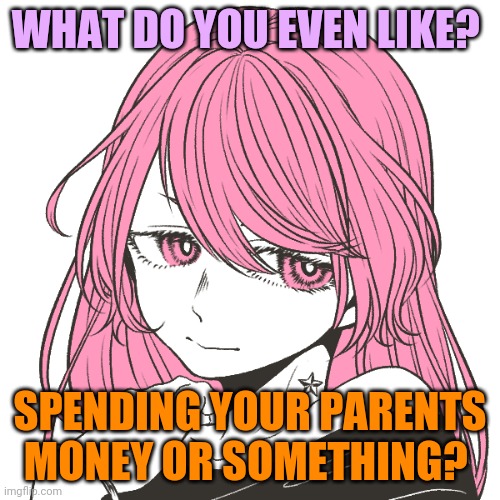 WHAT DO YOU EVEN LIKE? SPENDING YOUR PARENTS MONEY OR SOMETHING? | made w/ Imgflip meme maker