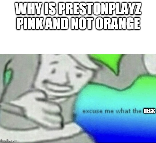 Excuse me wtf blank template | WHY IS PRESTONPLAYZ PINK AND NOT ORANGE HECK | image tagged in excuse me wtf blank template | made w/ Imgflip meme maker
