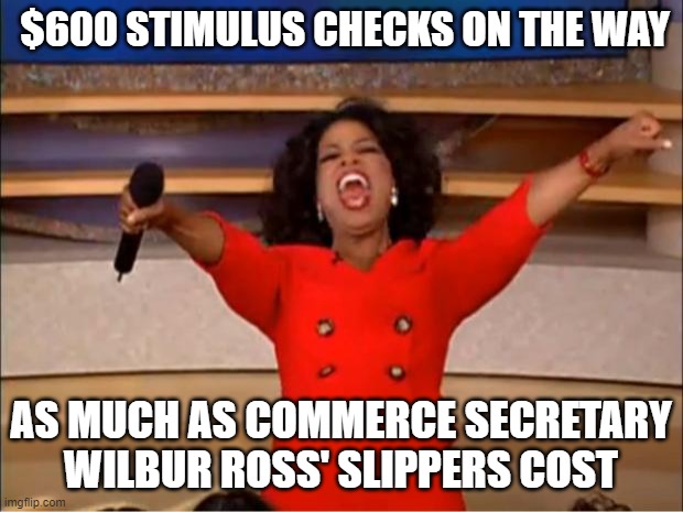 $600 Stimulus Checks On The Way; As much as Commerce Secretary Wilbur Ross' slippers cost | $600 STIMULUS CHECKS ON THE WAY; AS MUCH AS COMMERCE SECRETARY WILBUR ROSS' SLIPPERS COST | image tagged in memes,oprah you get a | made w/ Imgflip meme maker