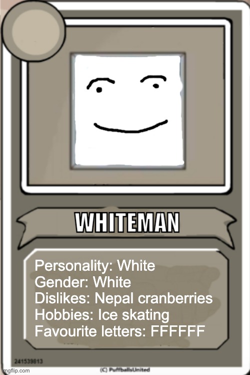 Character Bio | WHITEMAN; Personality: White
Gender: White
Dislikes: Nepal cranberries
Hobbies: Ice skating
Favourite letters: FFFFFF | image tagged in character bio,whiteman | made w/ Imgflip meme maker