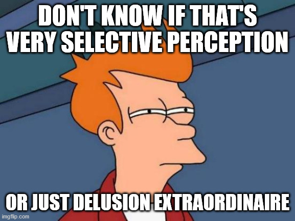 DON'T KNOW IF THAT'S VERY SELECTIVE PERCEPTION OR JUST DELUSION EXTRAORDINAIRE | image tagged in memes,futurama fry | made w/ Imgflip meme maker