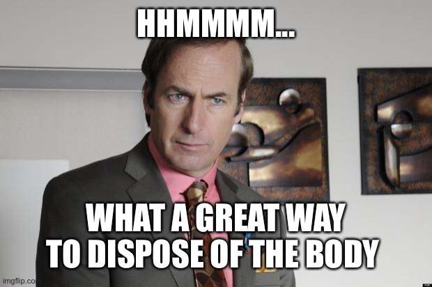 Saul Goodman Criminal Attorney | HHMMMM... WHAT A GREAT WAY TO DISPOSE OF THE BODY | image tagged in saul goodman criminal attorney | made w/ Imgflip meme maker