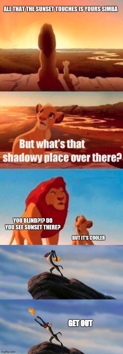 Simba got guts? | ALL THAT THE SUNSET TOUCHES IS YOURS SIMBA; YOU BLIND?!? DO YOU SEE SUNSET THERE? BUT IT'S COOLER; GET OUT | image tagged in memes,simba shadowy place,throw simba | made w/ Imgflip meme maker
