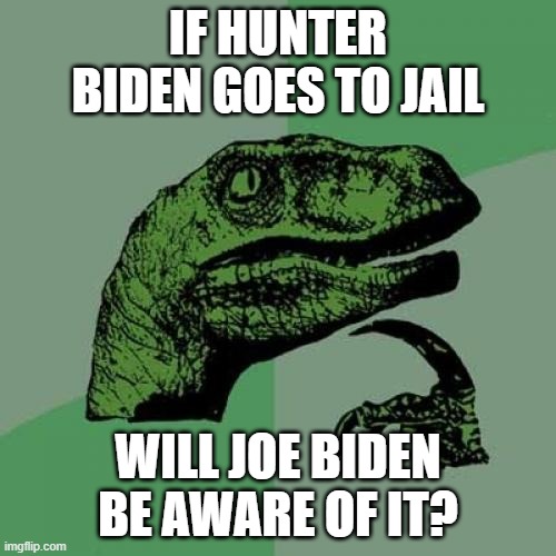 Or is his brain too far gone? | IF HUNTER BIDEN GOES TO JAIL; WILL JOE BIDEN BE AWARE OF IT? | image tagged in memes,philosoraptor | made w/ Imgflip meme maker