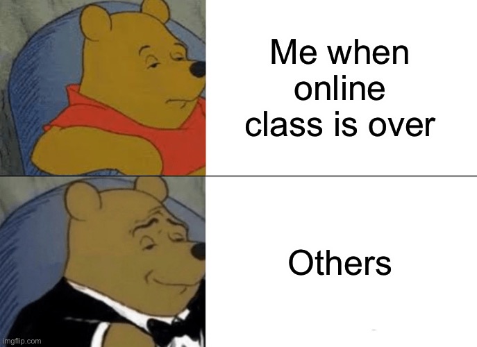 Tuxedo Winnie The Pooh | Me when online class is over; Others | image tagged in memes,tuxedo winnie the pooh | made w/ Imgflip meme maker