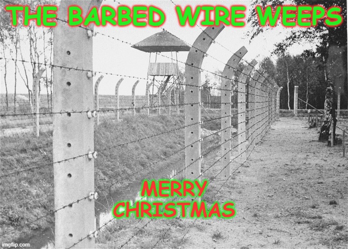 merrychristmas | THE BARBED WIRE WEEPS; MERRY
CHRISTMAS | image tagged in despair,christmas,death | made w/ Imgflip meme maker