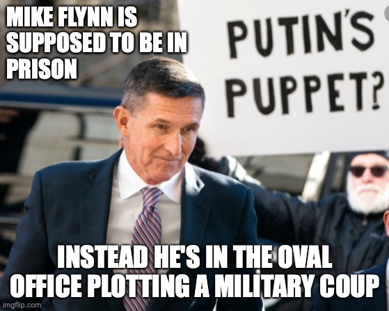 flynn | MIKE FLYNN IS 
SUPPOSED TO BE IN 
PRISON; INSTEAD HE'S IN THE OVAL OFFICE PLOTTING A MILITARY COUP | image tagged in political meme | made w/ Imgflip meme maker
