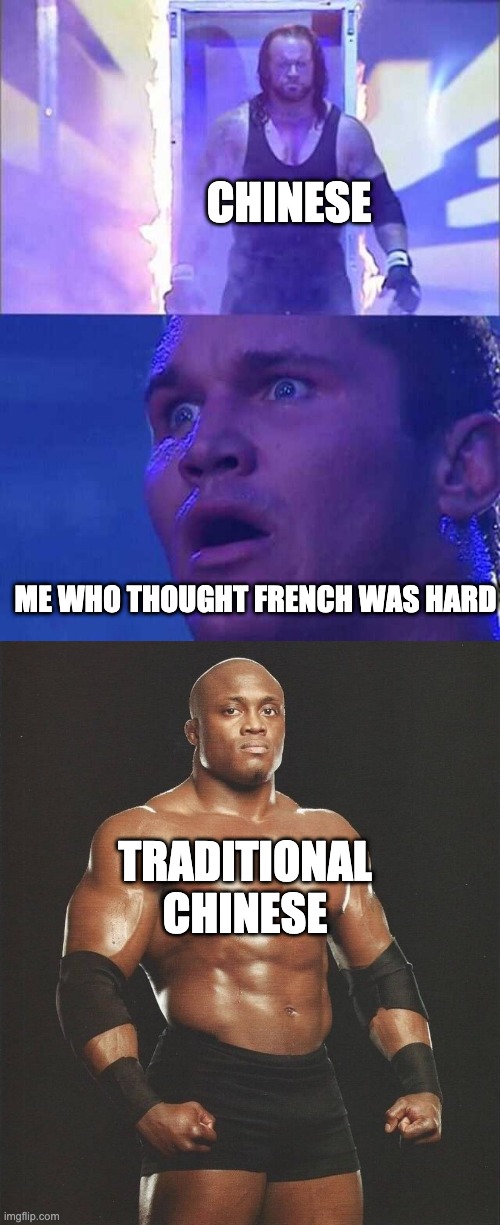 Baguette? | CHINESE; ME WHO THOUGHT FRENCH WAS HARD; TRADITIONAL CHINESE | image tagged in undertaker randy orton | made w/ Imgflip meme maker