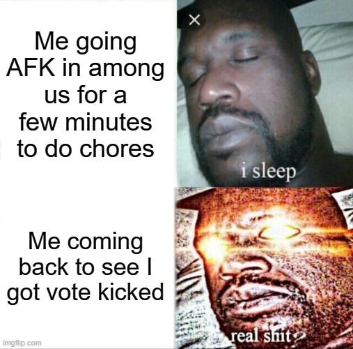 Sleeping Shaq | Me going AFK in among us for a few minutes to do chores; Me coming back to see I got vote kicked | image tagged in memes,sleeping shaq,among us,unfair | made w/ Imgflip meme maker