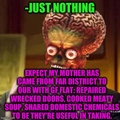 aliens 6 | -JUST NOTHING EXPECT MY MOTHER HAS CAME FROM FAR DISTRICT TO OUR WITH GF FLAT: REPAIRED WRECKED DOORS, COOKED MEATY SOUP, SHARED DOMESTIC CH | image tagged in aliens 6 | made w/ Imgflip meme maker