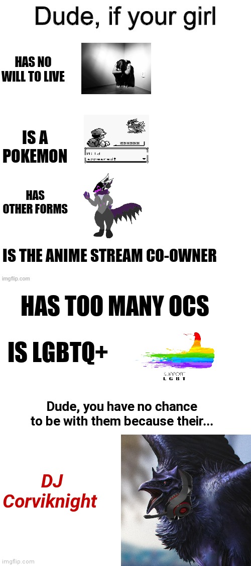 And this is just me | HAS NO WILL TO LIVE; IS A POKEMON; HAS OTHER FORMS; IS THE ANIME STREAM CO-OWNER; HAS TOO MANY OCS; IS LGBTQ+; Dude, you have no chance to be with them because their... DJ Corviknight | image tagged in dude if your girl | made w/ Imgflip meme maker