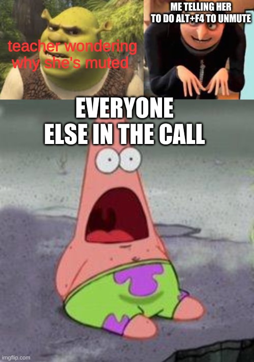But then the teacher knows what it means | ME TELLING HER TO DO ALT+F4 TO UNMUTE; teacher wondering why she's muted; EVERYONE ELSE IN THE CALL | image tagged in confused shrek,memes,gru's plan,wow patrick | made w/ Imgflip meme maker