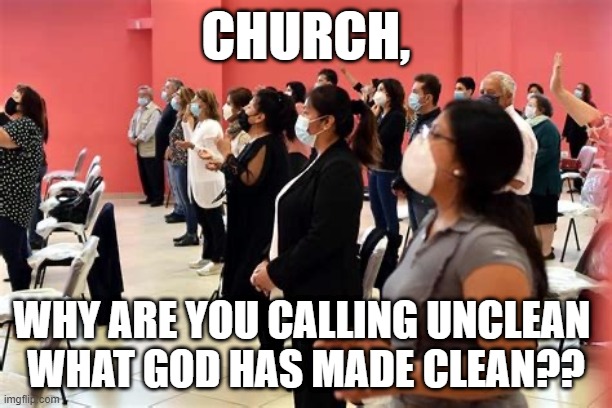 Masks in Church | CHURCH, WHY ARE YOU CALLING UNCLEAN 
WHAT GOD HAS MADE CLEAN?? | image tagged in masks,bearing false witness,church,christianity,cowardess,compliance | made w/ Imgflip meme maker