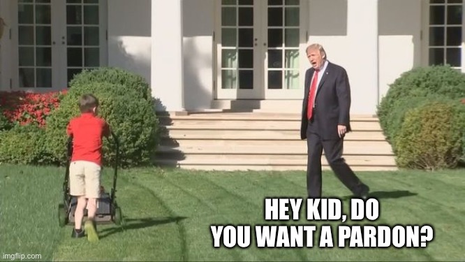 Time ticking down on PardonGate | HEY KID, DO YOU WANT A PARDON? | image tagged in trump lawnmower kid,memes | made w/ Imgflip meme maker