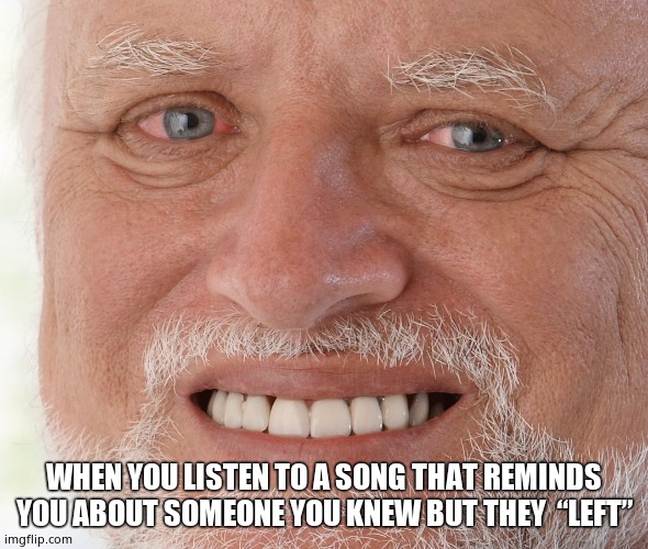 You can't say this is not true | WHEN YOU LISTEN TO A SONG THAT REMINDS YOU ABOUT SOMEONE YOU KNEW BUT THEY  “LEFT” | image tagged in hide the pain harold | made w/ Imgflip meme maker