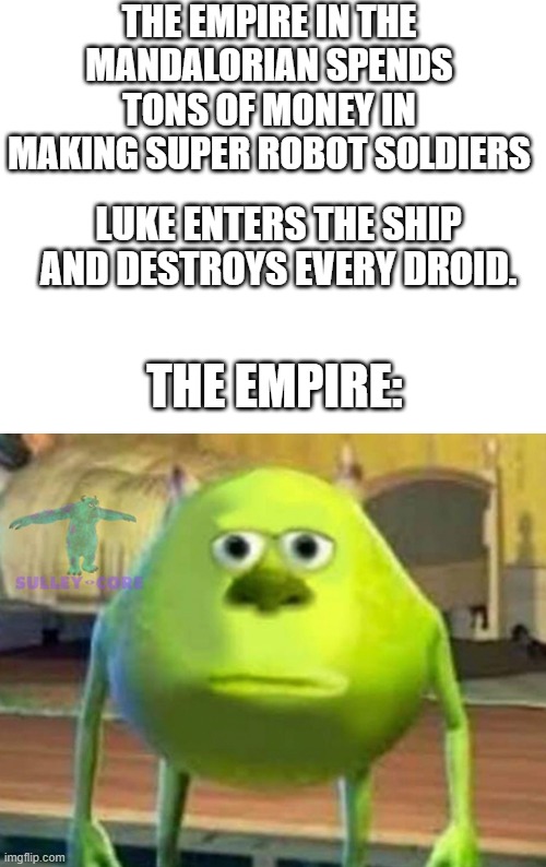 They were cool... | THE EMPIRE IN THE MANDALORIAN SPENDS TONS OF MONEY IN MAKING SUPER ROBOT SOLDIERS; LUKE ENTERS THE SHIP AND DESTROYS EVERY DROID. THE EMPIRE: | image tagged in monsters inc,star wars,the mandalorian,mandalorian | made w/ Imgflip meme maker