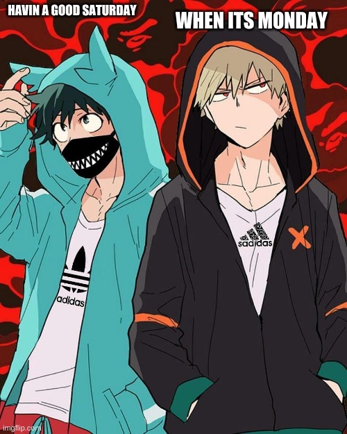 Anime hoodie | WHEN ITS MONDAY; HAVIN A GOOD SATURDAY | image tagged in anime hoodie | made w/ Imgflip meme maker