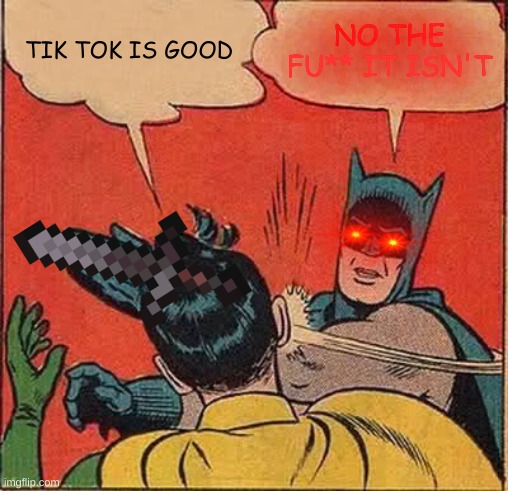 He deserved it | TIK TOK IS GOOD; NO THE FU** IT ISN'T | image tagged in memes,batman slapping robin | made w/ Imgflip meme maker