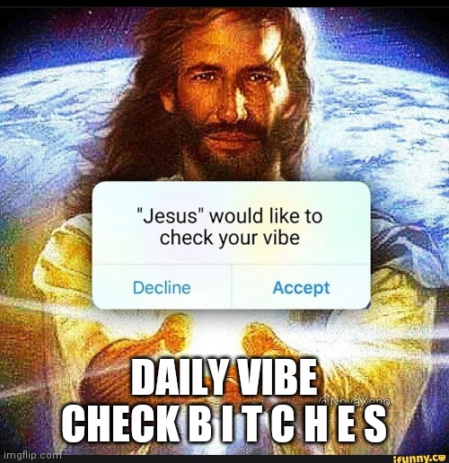 Jesus would like to check your vibe | DAILY VIBE CHECK B I T C H E S | image tagged in jesus would like to check your vibe | made w/ Imgflip meme maker