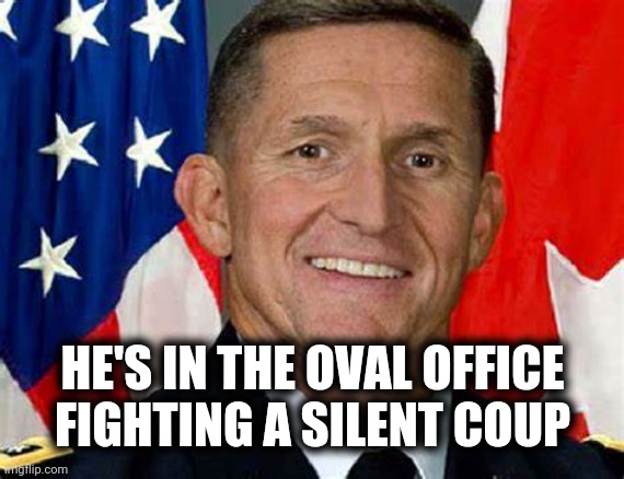 General Michael Flynn | HE'S IN THE OVAL OFFICE FIGHTING A SILENT COUP | image tagged in general michael flynn | made w/ Imgflip meme maker