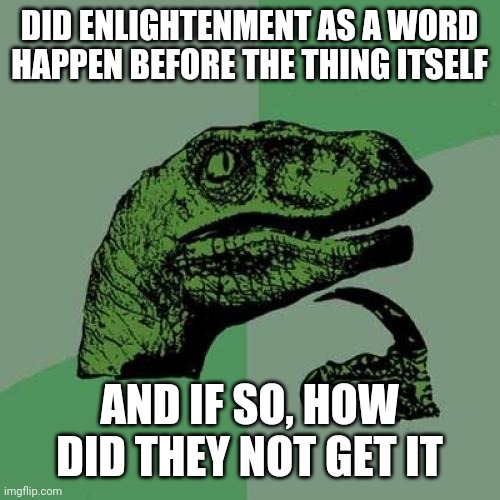 Ironically Borrowed | DID ENLIGHTENMENT AS A WORD HAPPEN BEFORE THE THING ITSELF; AND IF SO, HOW DID THEY NOT GET IT | image tagged in memes,philosoraptor | made w/ Imgflip meme maker