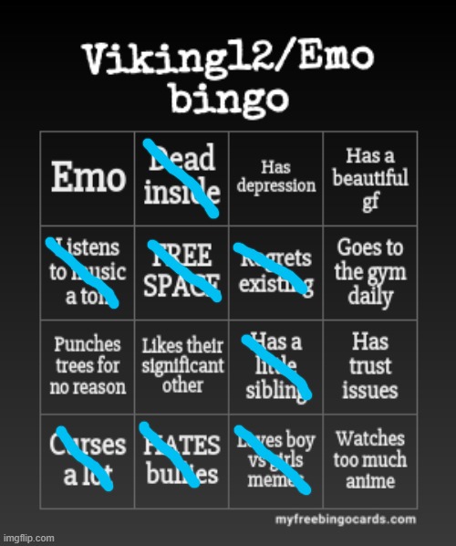 Viking12/EmoDude bingo | image tagged in viking12/emodude bingo | made w/ Imgflip meme maker