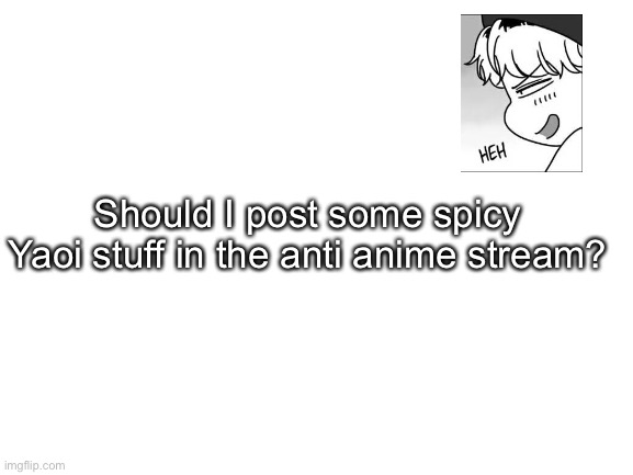 Idk | Should I post some spicy Yaoi stuff in the anti anime stream? | image tagged in blank white template | made w/ Imgflip meme maker