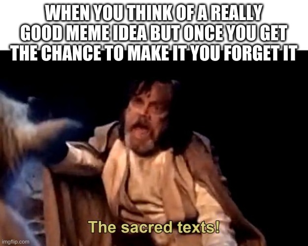 The sacred texts! | WHEN YOU THINK OF A REALLY GOOD MEME IDEA BUT ONCE YOU GET THE CHANCE TO MAKE IT YOU FORGET IT | image tagged in the sacred texts | made w/ Imgflip meme maker