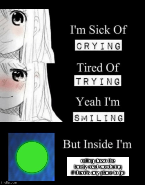 I'm Sick Of Crying | rolling down the lonely road wondering if there's any place to go | image tagged in i'm sick of crying | made w/ Imgflip meme maker