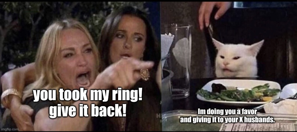 Karen Carpenter and Smudge Cat | you took my ring!
give it back! Im doing you a favor
and giving it to your X husbands. | image tagged in karen carpenter and smudge cat | made w/ Imgflip meme maker