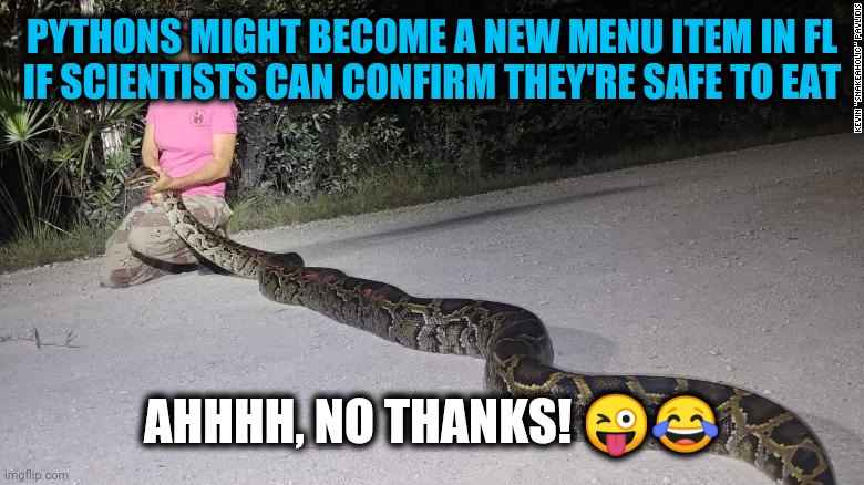 I'll Stick With a Steak & Pass on a Snake.... | PYTHONS MIGHT BECOME A NEW MENU ITEM IN FL

IF SCIENTISTS CAN CONFIRM THEY'RE SAFE TO EAT; AHHHH, NO THANKS! 😜😂 | image tagged in funny,news,interesting,ewwww | made w/ Imgflip meme maker