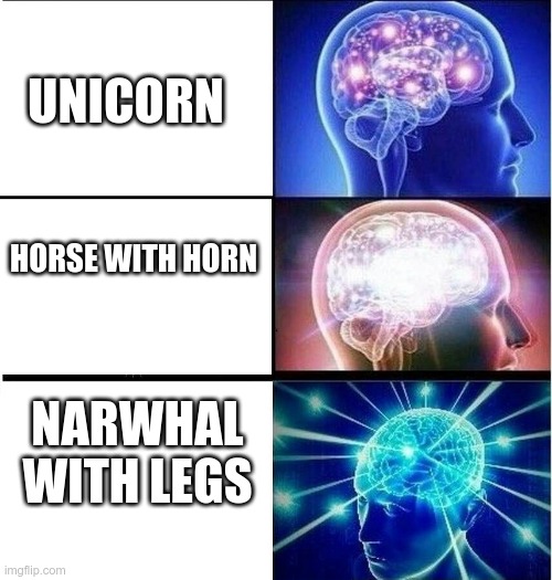 Unicorn | UNICORN; HORSE WITH HORN; NARWHAL WITH LEGS | image tagged in expanding brain 3 panels | made w/ Imgflip meme maker