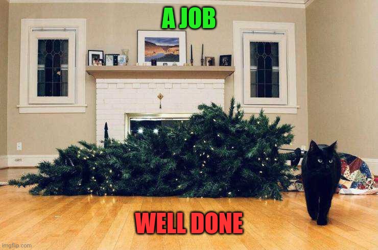 KITTY VS TREE | A JOB; WELL DONE | image tagged in cats,funny cats,christmas tree | made w/ Imgflip meme maker