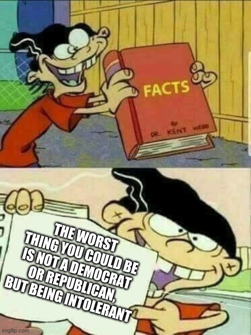I would like to thank my mom for this inspiring message | THE WORST THING YOU COULD BE IS NOT A DEMOCRAT OR REPUBLICAN, BUT BEING INTOLERANT | image tagged in double d facts book | made w/ Imgflip meme maker