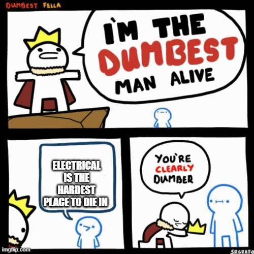 I'm the dumbest man alive | ELECTRICAL IS THE HARDEST PLACE TO DIE IN | image tagged in i'm the dumbest man alive | made w/ Imgflip meme maker