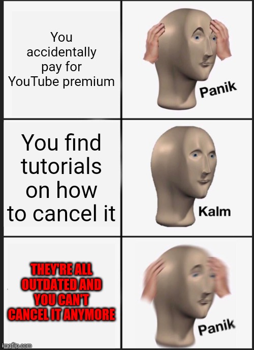 TRUE | You accidentally pay for YouTube premium; You find tutorials on how to cancel it; THEY'RE ALL OUTDATED AND YOU CAN'T CANCEL IT ANYMORE | image tagged in memes,panik kalm panik | made w/ Imgflip meme maker