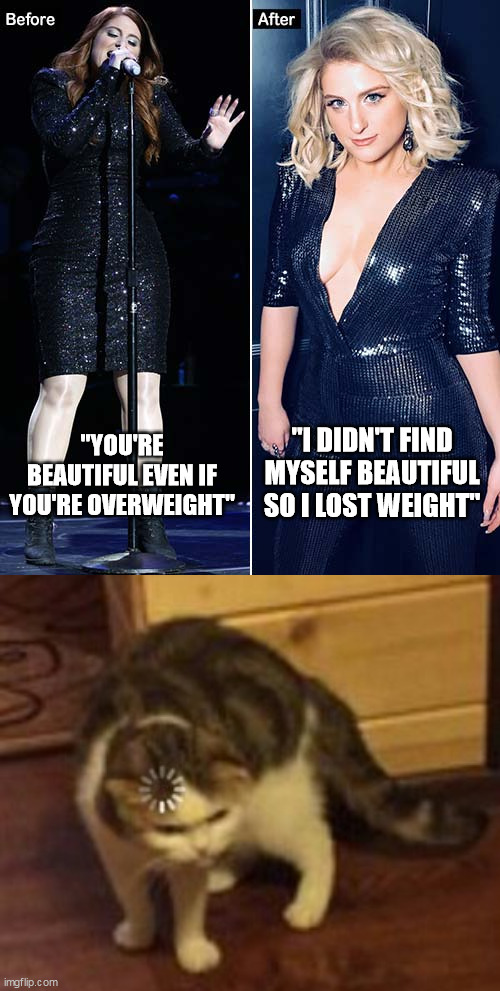 "I DIDN'T FIND MYSELF BEAUTIFUL SO I LOST WEIGHT"; "YOU'RE BEAUTIFUL EVEN IF YOU'RE OVERWEIGHT" | image tagged in loading cat,meghan trainor,irony,funny | made w/ Imgflip meme maker