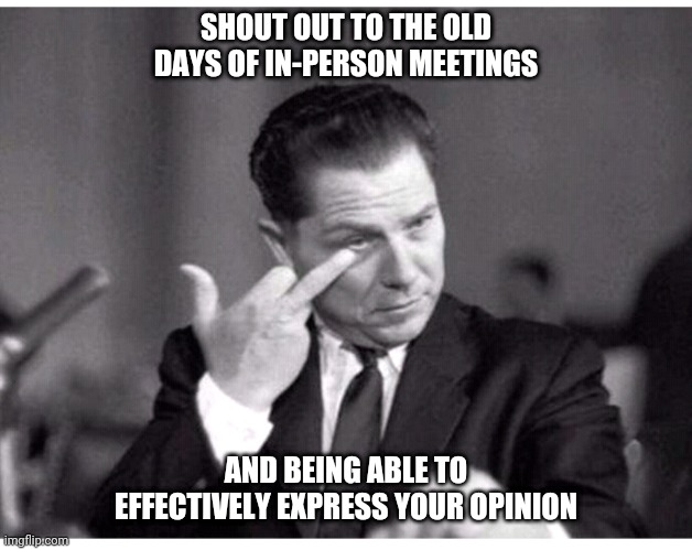 Meetings | SHOUT OUT TO THE OLD DAYS OF IN-PERSON MEETINGS; AND BEING ABLE TO EFFECTIVELY EXPRESS YOUR OPINION | image tagged in funny | made w/ Imgflip meme maker