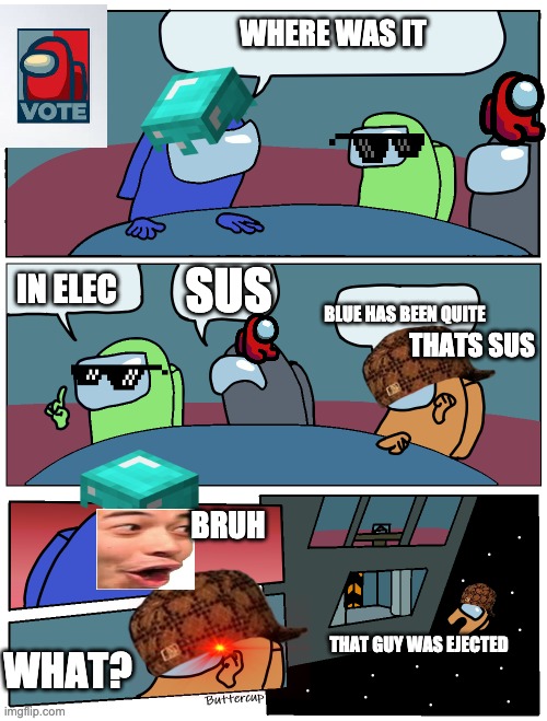 Among Us Meeting | WHERE WAS IT; IN ELEC; SUS; BLUE HAS BEEN QUITE; THATS SUS; BRUH; THAT GUY WAS EJECTED; WHAT? | image tagged in among us meeting | made w/ Imgflip meme maker