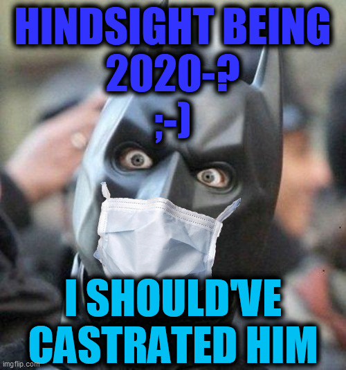 Shocked Batman | HINDSIGHT BEING
2020-?
;-) I SHOULD'VE
CASTRATED HIM | image tagged in shocked batman | made w/ Imgflip meme maker