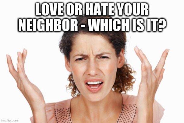 Indignant | LOVE OR HATE YOUR NEIGHBOR - WHICH IS IT? | image tagged in indignant | made w/ Imgflip meme maker