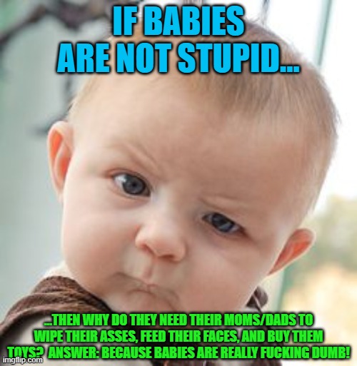 Babies Are Dumb...Am I Right? | IF BABIES ARE NOT STUPID... ...THEN WHY DO THEY NEED THEIR MOMS/DADS TO WIPE THEIR ASSES, FEED THEIR FACES, AND BUY THEM TOYS?  ANSWER: BECAUSE BABIES ARE REALLY FUCKING DUMB! | image tagged in memes,skeptical baby,dumb,baby,babies,morons | made w/ Imgflip meme maker