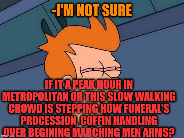 -Too mature. | -I'M NOT SURE; IF IT A PEAK HOUR IN METROPOLITAN OR THIS SLOW WALKING CROWD IS STEPPING HOW FUNERAL'S PROCESSION, COFFIN HANDLING OVER BEGINING MARCHING MEN ARMS? | image tagged in stoned fry,metro,theresa may walking,coffin dance,what is this,crowd of people | made w/ Imgflip meme maker