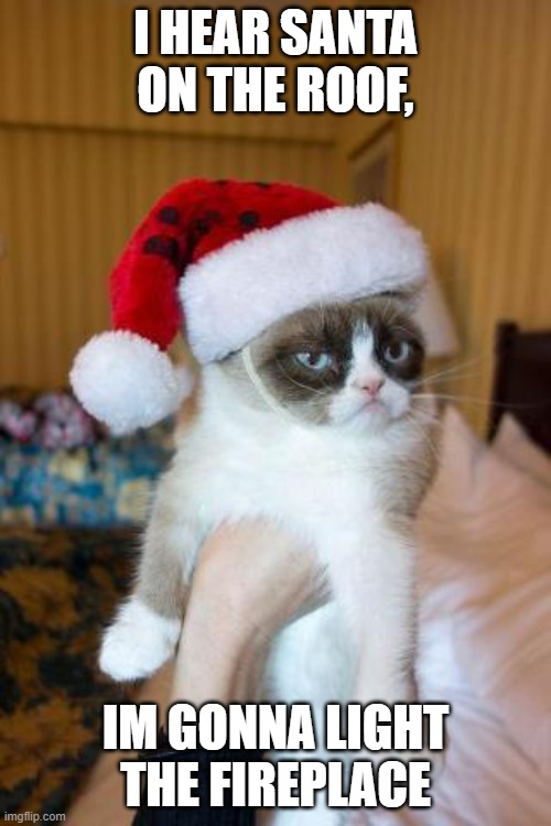 Grumpy Cat Christmas | I HEAR SANTA ON THE ROOF, IM GONNA LIGHT THE FIREPLACE | image tagged in memes,grumpy cat christmas,grumpy cat | made w/ Imgflip meme maker