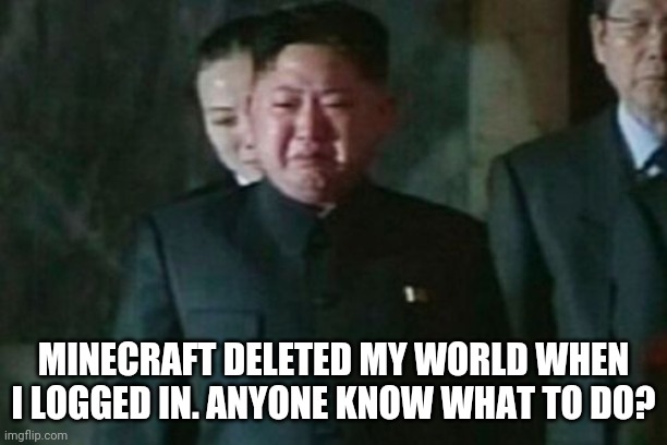 my world got deleted... | MINECRAFT DELETED MY WORLD WHEN I LOGGED IN. ANYONE KNOW WHAT TO DO? | image tagged in memes,kim jong un sad,minecraft,deleted | made w/ Imgflip meme maker