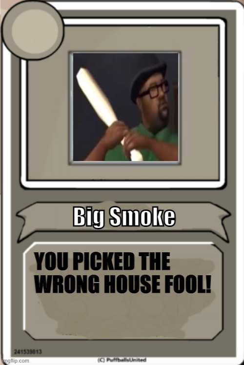 OHHHHHHHHHHHHHHHHHHHHHHHHHH | Big Smoke; YOU PICKED THE WRONG HOUSE FOOL! | image tagged in character bio | made w/ Imgflip meme maker