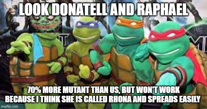 Mutant Ninja | LOOK DONATELL AND RAPHAEL; 70% MORE MUTANT THAN US, BUT WON'T WORK BECAUSE I THINK SHE IS CALLED RHONA AND SPREADS EASILY | image tagged in mutant ninja,mutant,virus,covid,covid19 | made w/ Imgflip meme maker