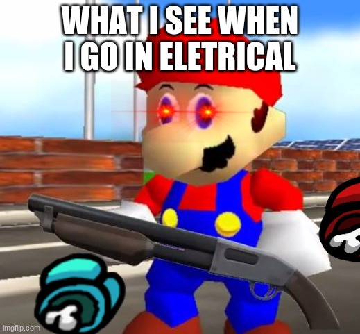 SMG4 Shotgun Mario | WHAT I SEE WHEN I GO IN ELETRICAL | image tagged in smg4 shotgun mario | made w/ Imgflip meme maker